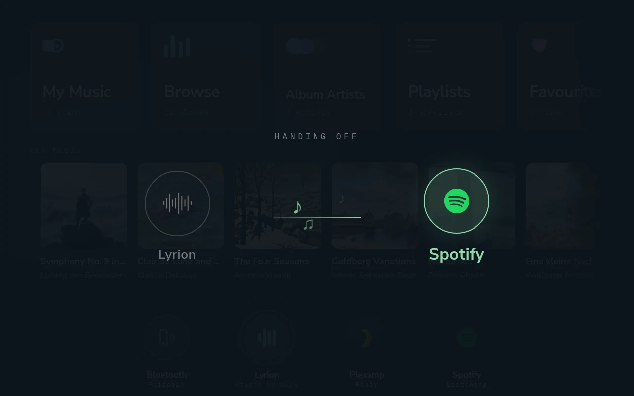 The hand-over screen: Lyrion to Spotify