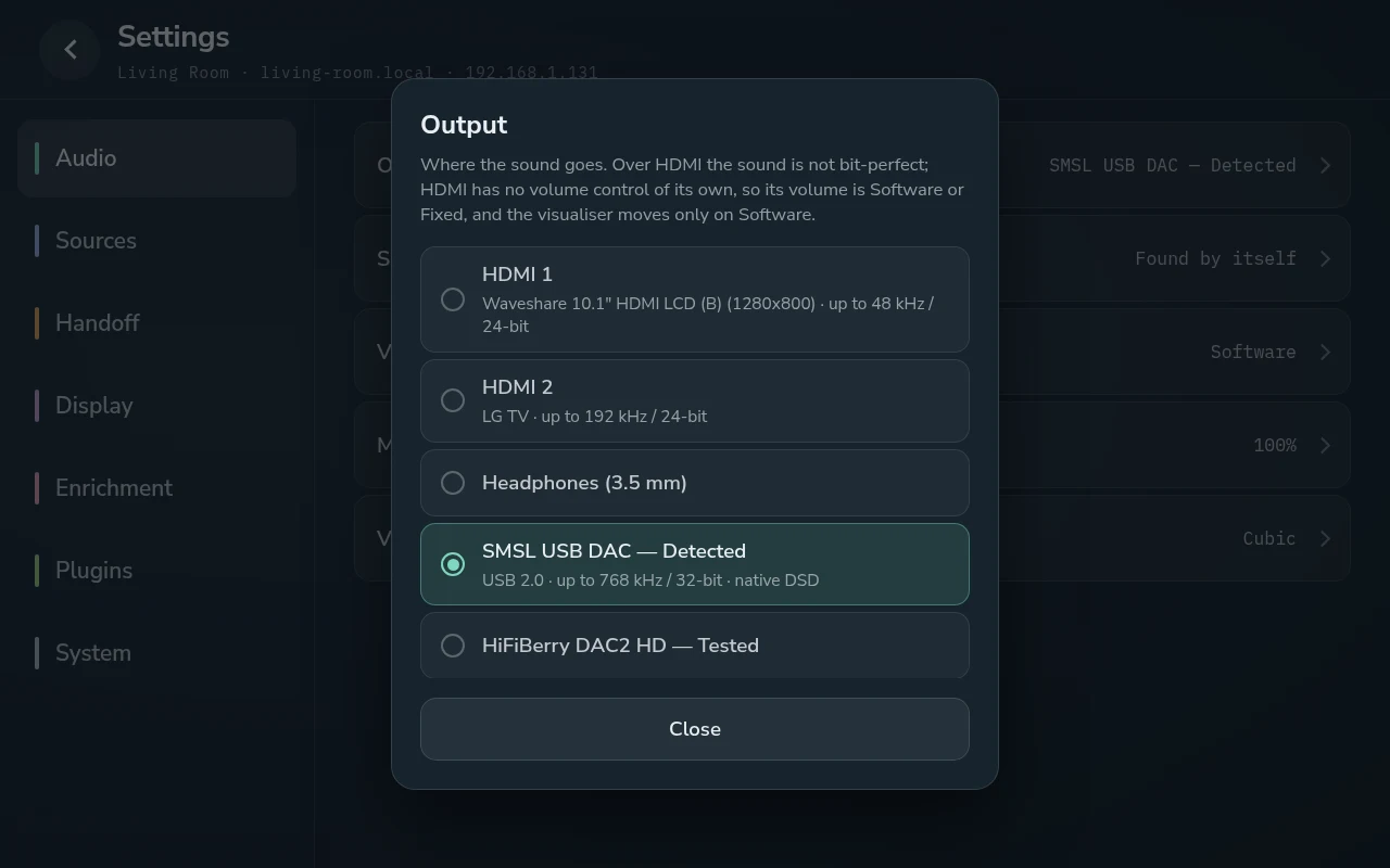 The Output picker: each output, how far it is known, and what is on each HDMI port