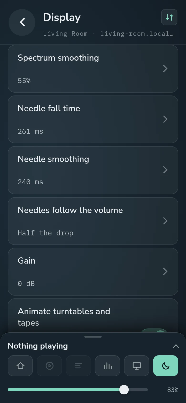 Visualiser tweaks on the phone: how the needles follow the volume, and the Gain